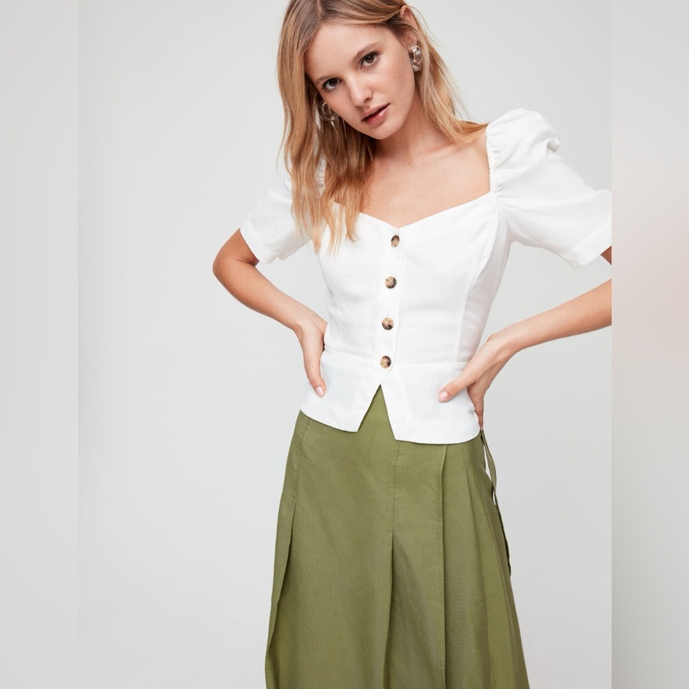 Wilfred Janine white puff sleeve button front linen blend blouse top size small